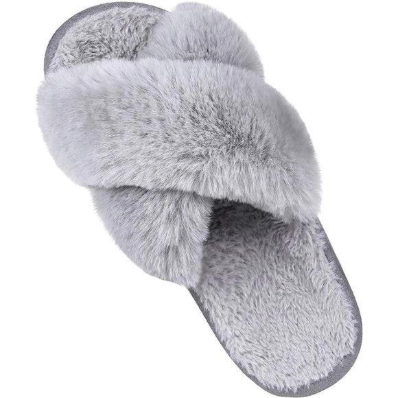 Women Cross Band Fuzzy Slippers Fluffy Open Toe House Slippers Coziness Style - Picture 1 of 5